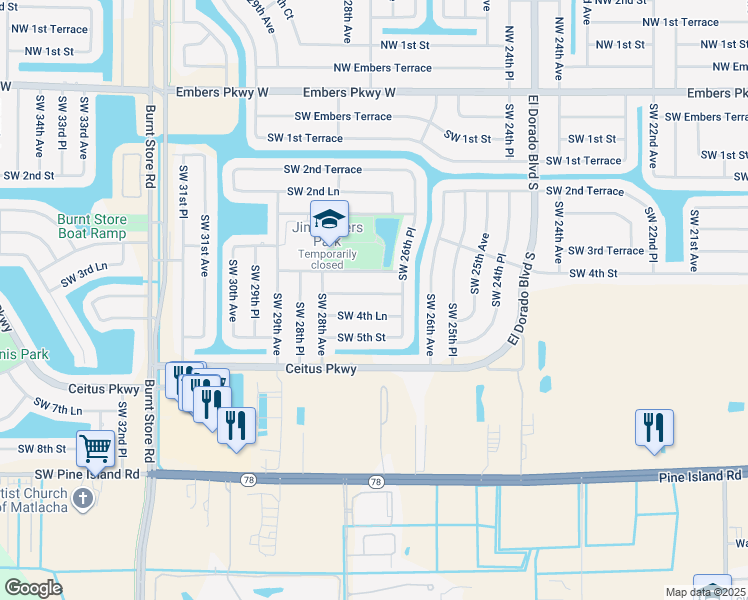 map of restaurants, bars, coffee shops, grocery stores, and more near 2638 Southwest 4th Terrace in Cape Coral