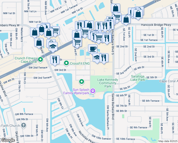 map of restaurants, bars, coffee shops, grocery stores, and more near 248 Southwest 3rd Street in Cape Coral