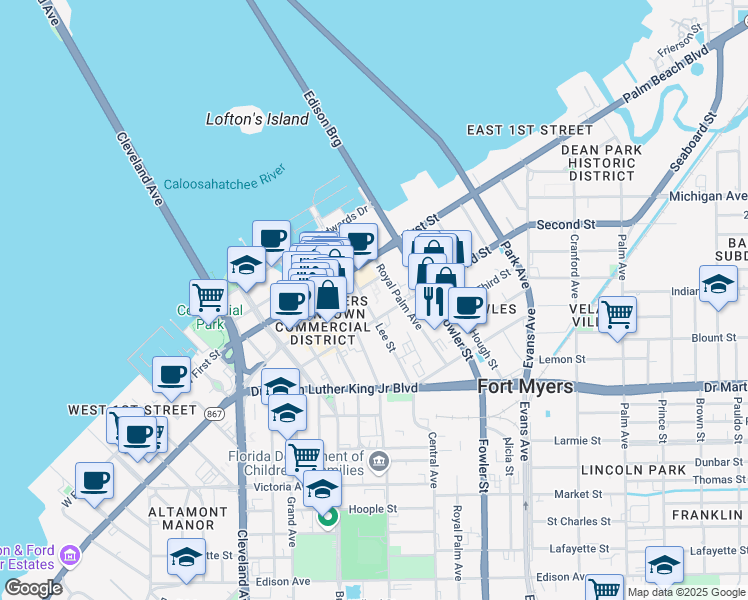 map of restaurants, bars, coffee shops, grocery stores, and more near 1651 Lee Street in Fort Myers