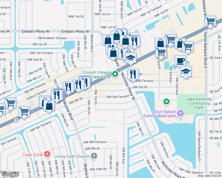 map of restaurants, bars, coffee shops, grocery stores, and more near 630 Southwest 2nd Terrace in Cape Coral