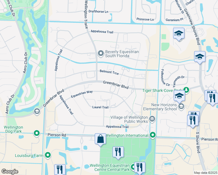 map of restaurants, bars, coffee shops, grocery stores, and more near 14289 Equestrian Way in Wellington