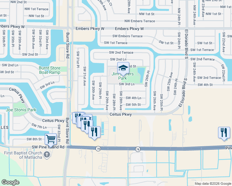map of restaurants, bars, coffee shops, grocery stores, and more near 349 Southwest 28th Place in Cape Coral