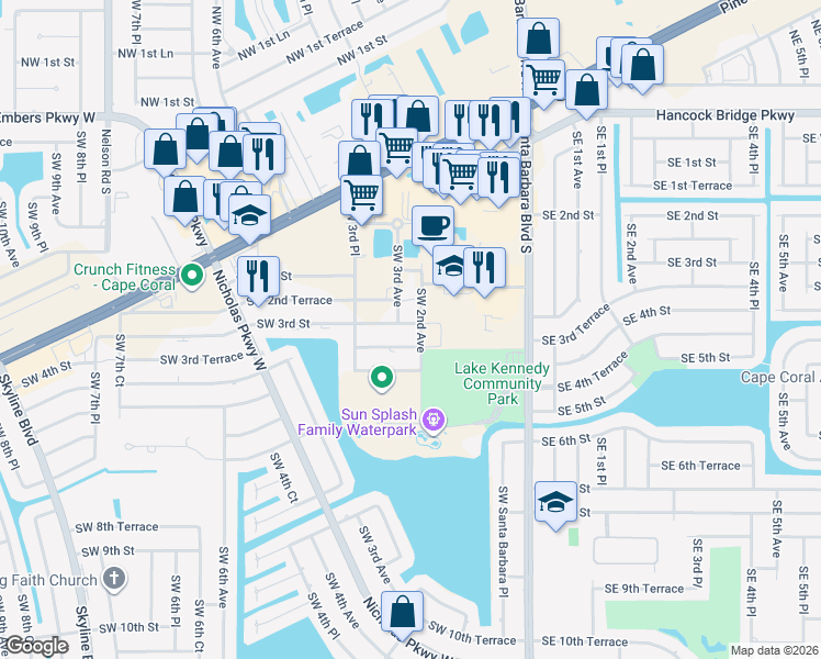 map of restaurants, bars, coffee shops, grocery stores, and more near 263 Southwest 3rd Avenue in Cape Coral