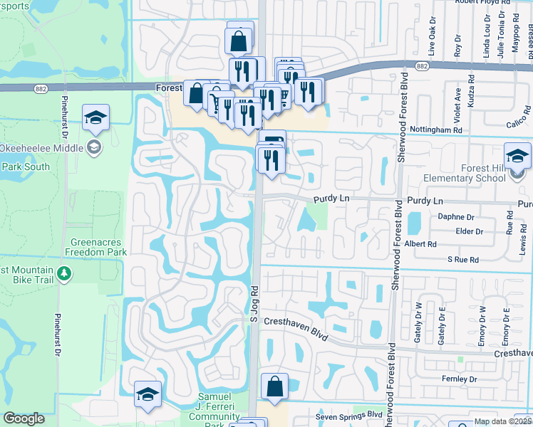 map of restaurants, bars, coffee shops, grocery stores, and more near 203 Foxtail Drive in Greenacres