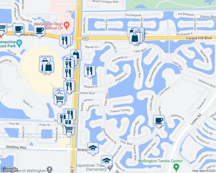 map of restaurants, bars, coffee shops, grocery stores, and more near 9702 Shepard Place in Wellington