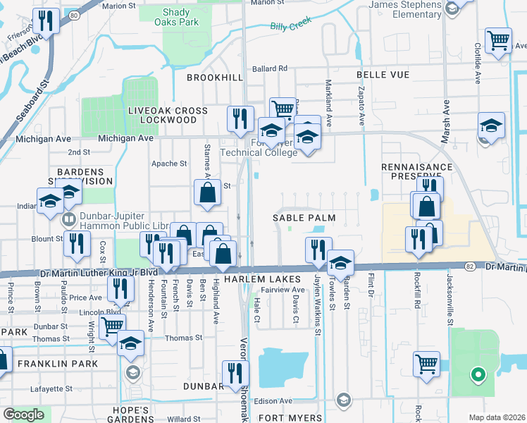 map of restaurants, bars, coffee shops, grocery stores, and more near 3704 Nelson Tillis Boulevard in Fort Myers