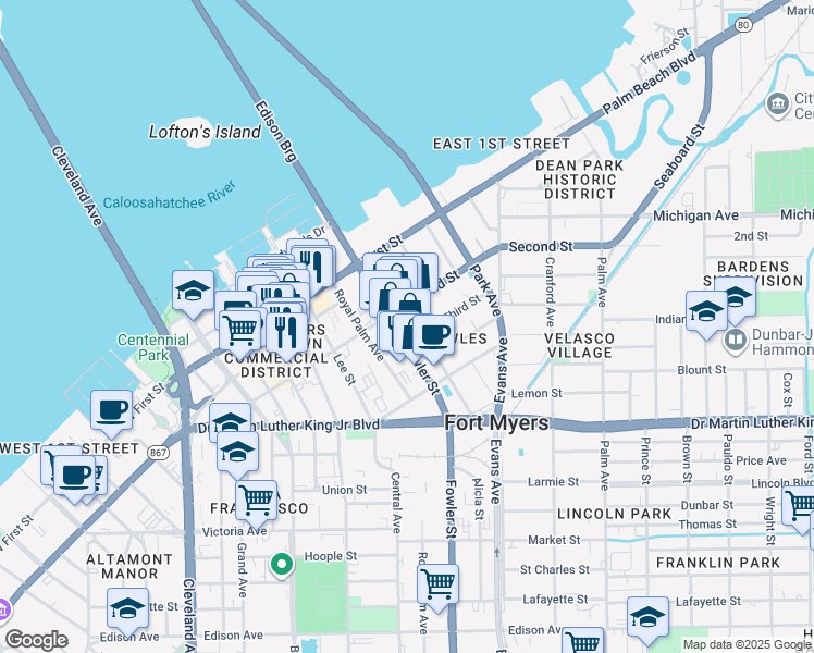 map of restaurants, bars, coffee shops, grocery stores, and more near 1727 Fowler Street in Fort Myers