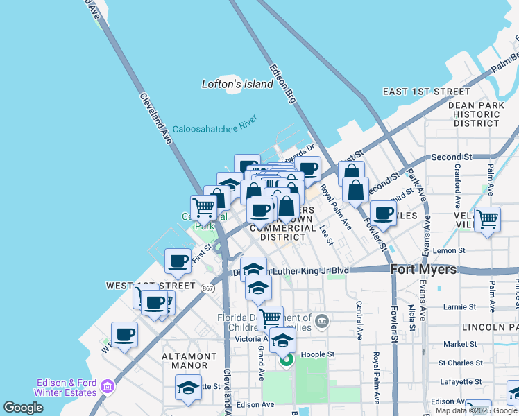 map of restaurants, bars, coffee shops, grocery stores, and more near 1415 Dean Street in Fort Myers