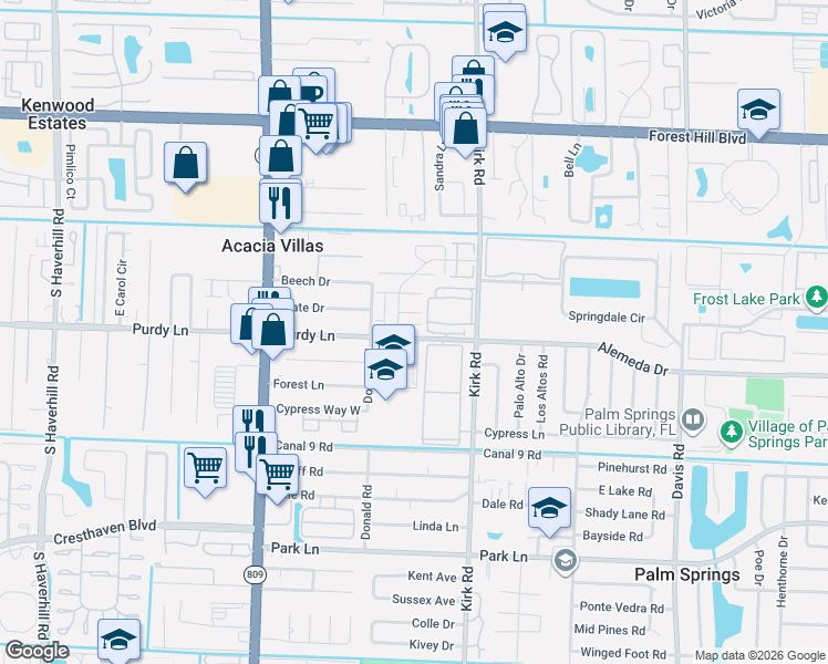 map of restaurants, bars, coffee shops, grocery stores, and more near 304 Woodland Road in Palm Springs