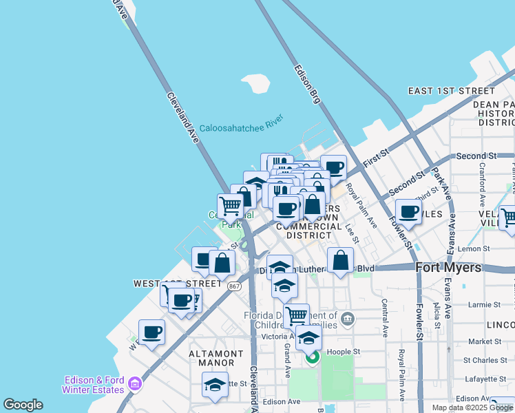 map of restaurants, bars, coffee shops, grocery stores, and more near in Fort Myers