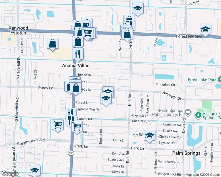 map of restaurants, bars, coffee shops, grocery stores, and more near 304 Woodland Road in Palm Springs