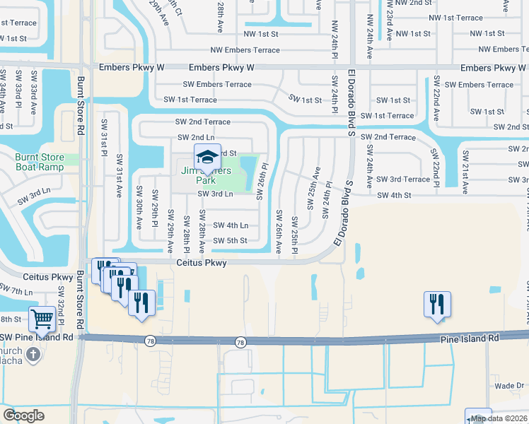map of restaurants, bars, coffee shops, grocery stores, and more near 353 Southwest 26th Place in Cape Coral