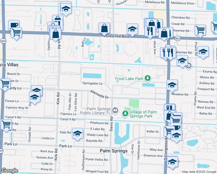 map of restaurants, bars, coffee shops, grocery stores, and more near 583 Springdale Court in Palm Springs