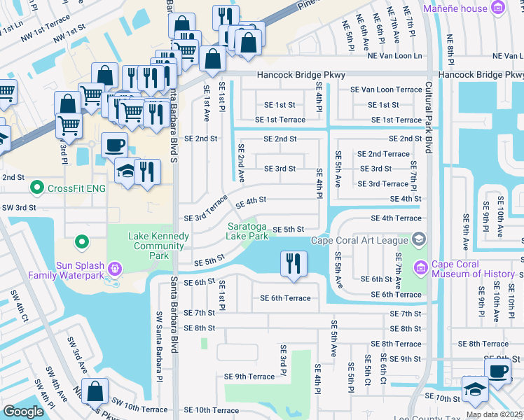 map of restaurants, bars, coffee shops, grocery stores, and more near 209 Southeast 4th Terrace in Cape Coral