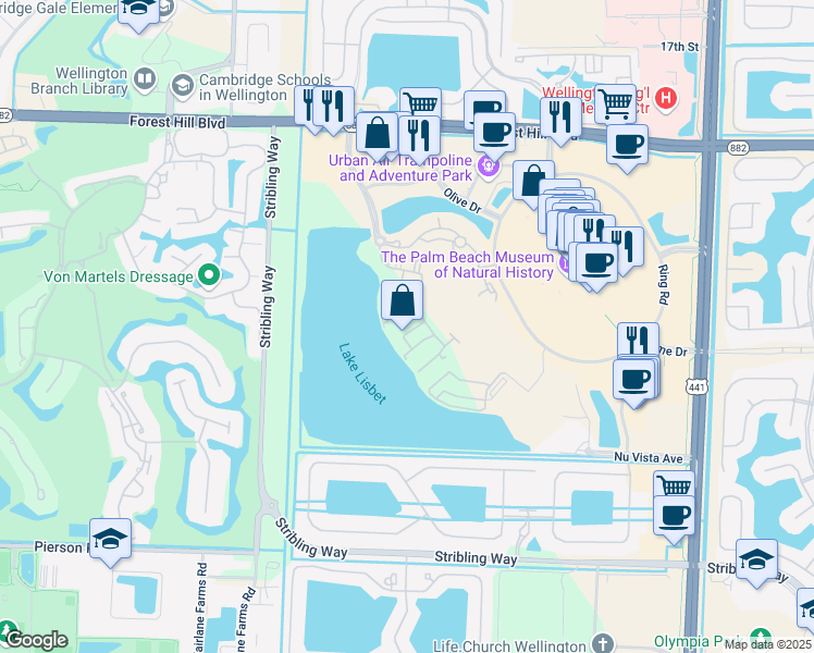 map of restaurants, bars, coffee shops, grocery stores, and more near 10741 Camino Circle in Wellington