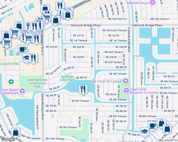 map of restaurants, bars, coffee shops, grocery stores, and more near 409 Southeast 4th Terrace in Cape Coral