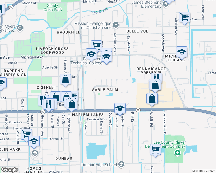 map of restaurants, bars, coffee shops, grocery stores, and more near 3703 Nelson Tillis Boulevard in Fort Myers