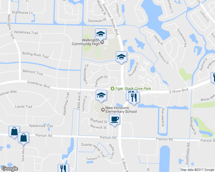 map of restaurants, bars, coffee shops, grocery stores, and more near 13958 Folkestone Circle in Wellington