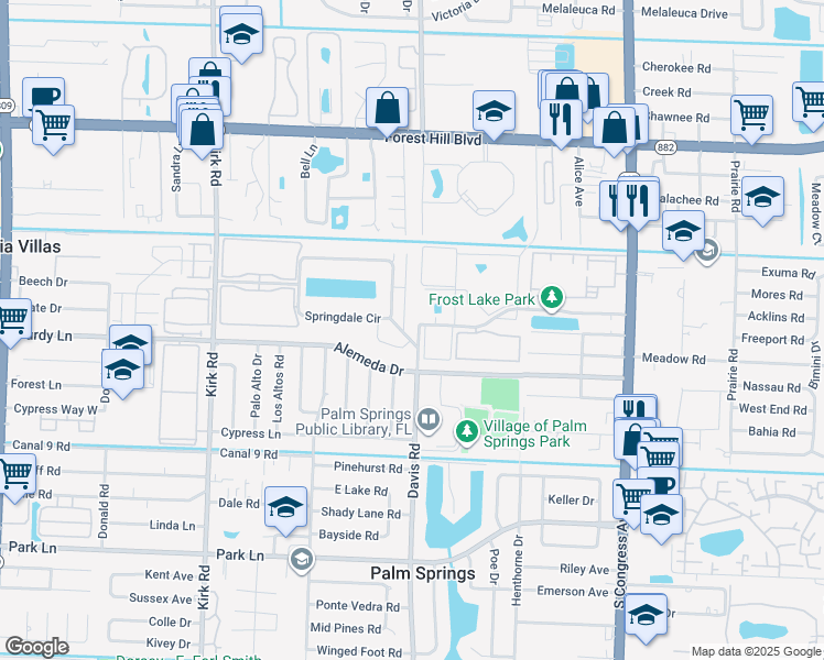 map of restaurants, bars, coffee shops, grocery stores, and more near 583 Springdale Court in Palm Springs