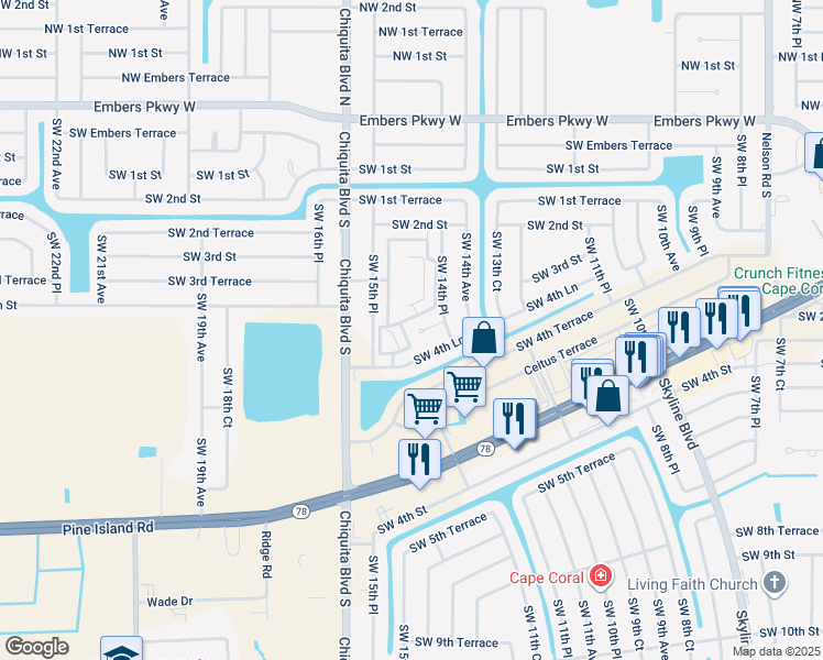 map of restaurants, bars, coffee shops, grocery stores, and more near 1437 Southwest 3rd Terrace in Cape Coral