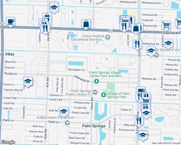 map of restaurants, bars, coffee shops, grocery stores, and more near 583 Springdale Court in Palm Springs
