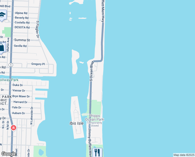 map of restaurants, bars, coffee shops, grocery stores, and more near 2000 South Ocean Boulevard in Palm Beach