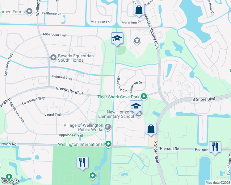 map of restaurants, bars, coffee shops, grocery stores, and more near 2632 Appaloosa Trail in Wellington