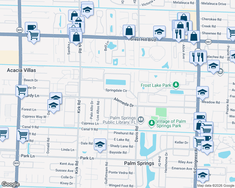 map of restaurants, bars, coffee shops, grocery stores, and more near 851 Springdale Circle in Palm Springs