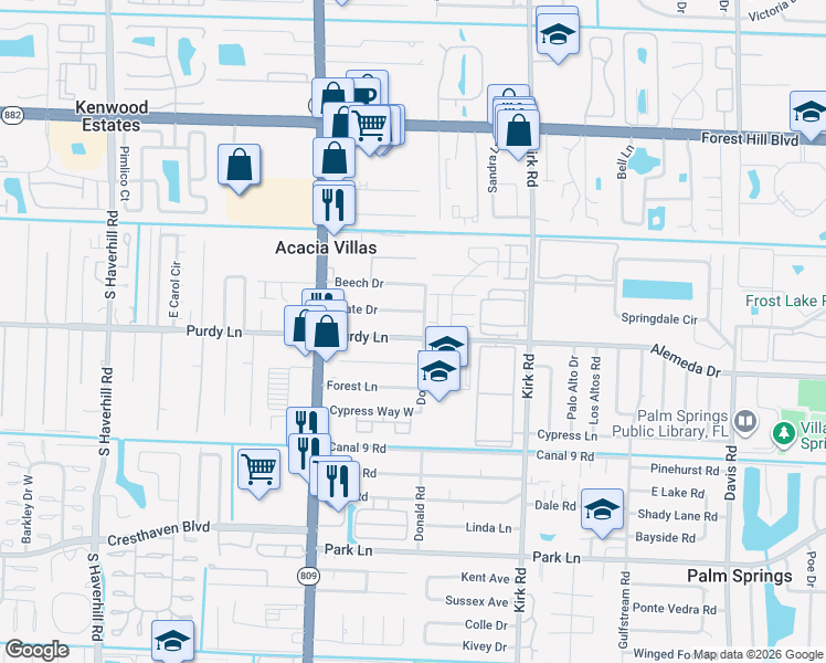 map of restaurants, bars, coffee shops, grocery stores, and more near 4277 Purdy Lane in West Palm Beach