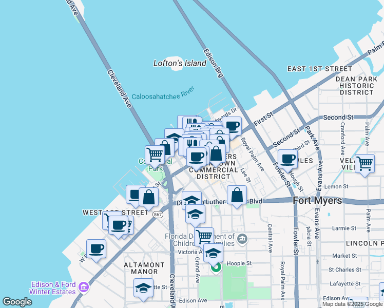 map of restaurants, bars, coffee shops, grocery stores, and more near 2150 Edwards Drive in Fort Myers