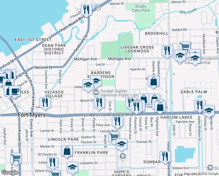 map of restaurants, bars, coffee shops, grocery stores, and more near 3148 Indian Street in Fort Myers