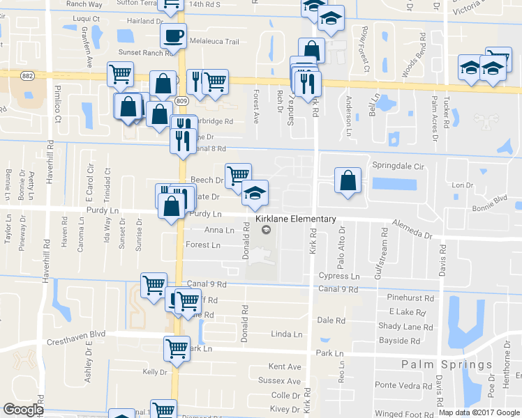 map of restaurants, bars, coffee shops, grocery stores, and more near 304 Woodland Road in Palm Springs