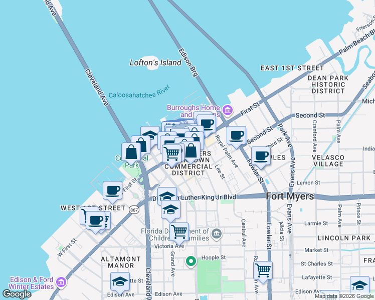 map of restaurants, bars, coffee shops, grocery stores, and more near 2225 First Street in Fort Myers