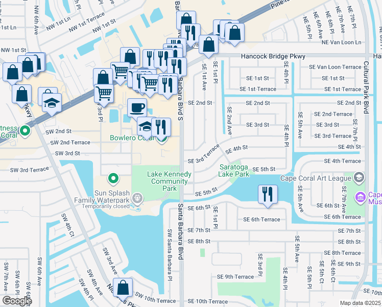 map of restaurants, bars, coffee shops, grocery stores, and more near 110 Southeast 3rd Street in Cape Coral