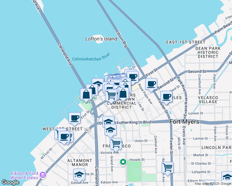 map of restaurants, bars, coffee shops, grocery stores, and more near 2235 First Street in Fort Myers