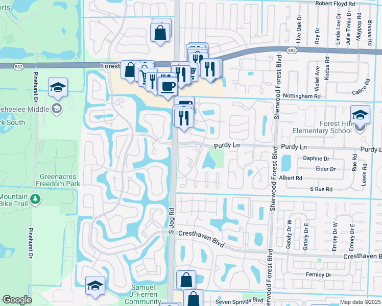 map of restaurants, bars, coffee shops, grocery stores, and more near 235 Foxtail Drive in Greenacres