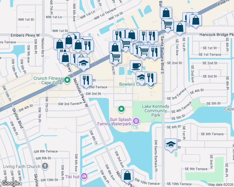 map of restaurants, bars, coffee shops, grocery stores, and more near 281 Southwest 3rd Street in Cape Coral