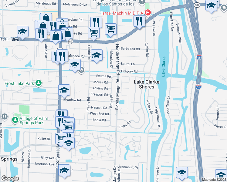 map of restaurants, bars, coffee shops, grocery stores, and more near 2154 Bimini Drive in West Palm Beach