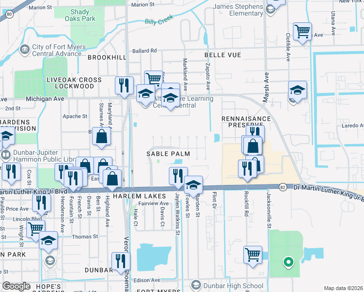 map of restaurants, bars, coffee shops, grocery stores, and more near 1785 Glenway Court in Fort Myers