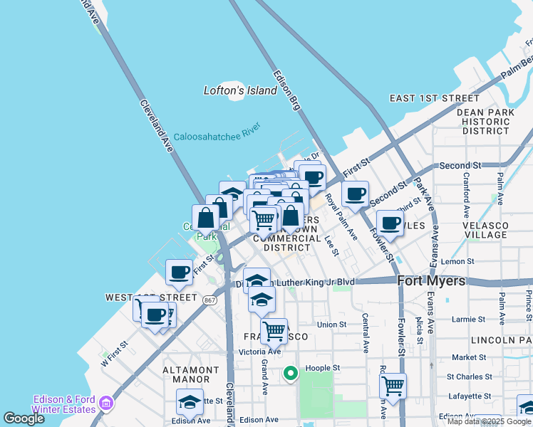map of restaurants, bars, coffee shops, grocery stores, and more near 2225 First Street in Fort Myers