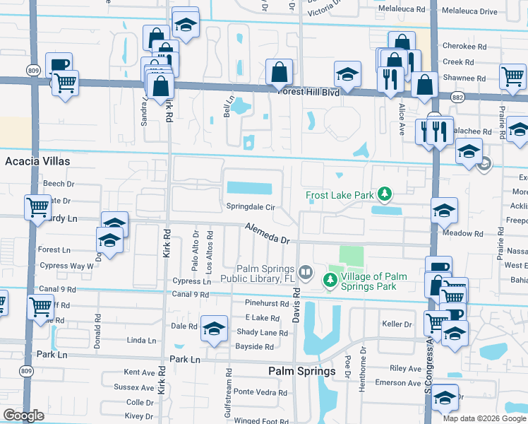 map of restaurants, bars, coffee shops, grocery stores, and more near 864 Springdale Circle in Palm Springs