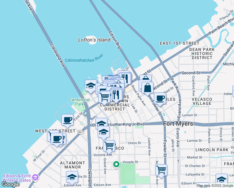 map of restaurants, bars, coffee shops, grocery stores, and more near 1520 Jackson Street in Fort Myers