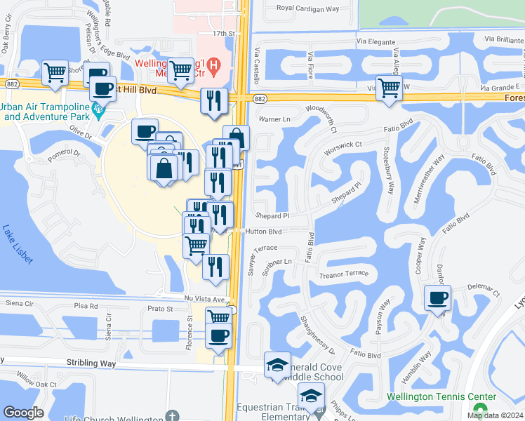 map of restaurants, bars, coffee shops, grocery stores, and more near 2383 Simonson Drive in Wellington