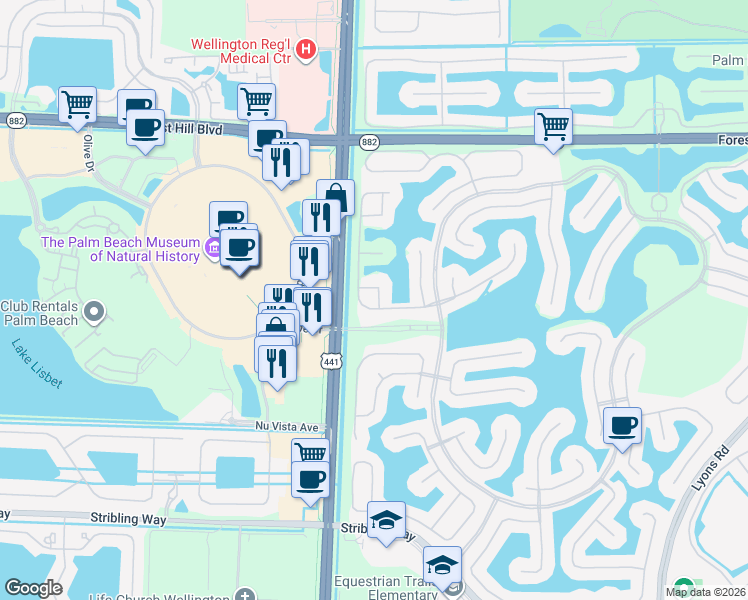 map of restaurants, bars, coffee shops, grocery stores, and more near 2383 Simonson Drive in Wellington