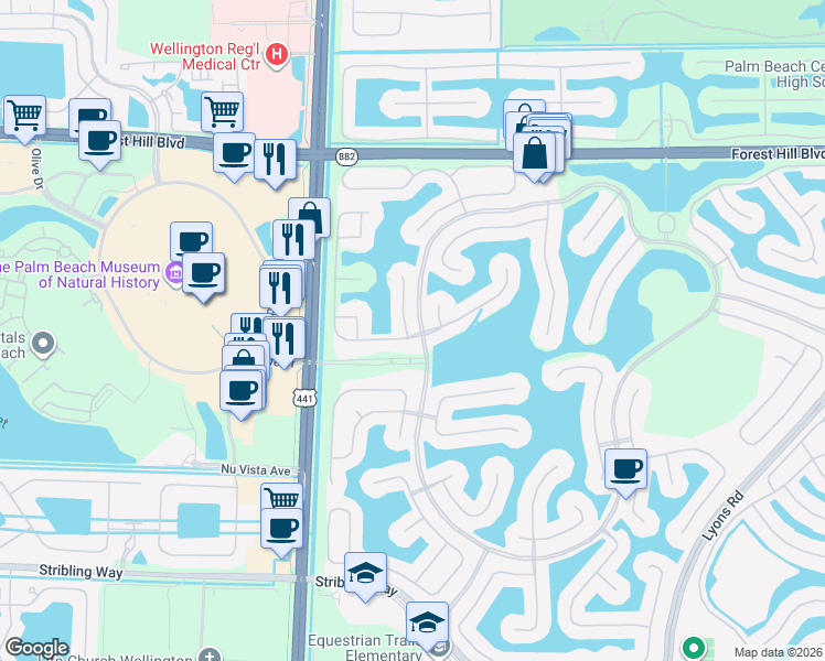 map of restaurants, bars, coffee shops, grocery stores, and more near 9702 Shepard Place in Wellington