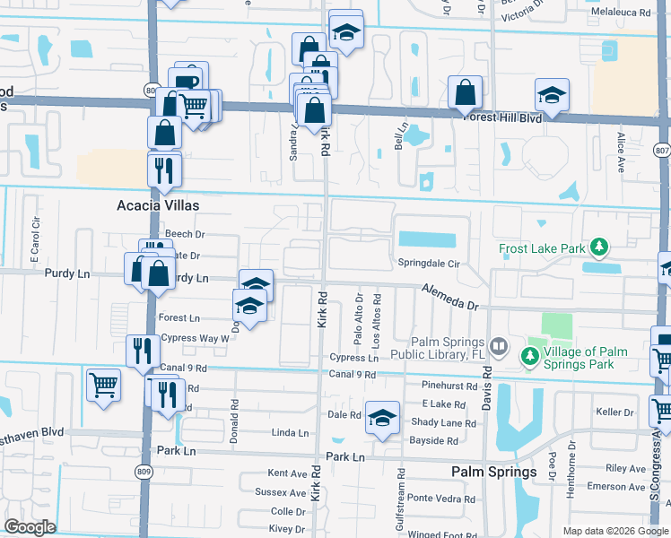 map of restaurants, bars, coffee shops, grocery stores, and more near 2400 Springdale Boulevard in Palm Springs