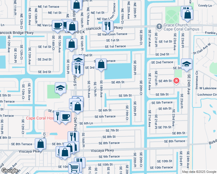 map of restaurants, bars, coffee shops, grocery stores, and more near 1817 Bolado Parkway in Cape Coral