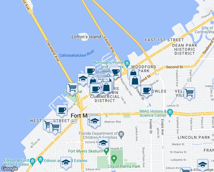 map of restaurants, bars, coffee shops, grocery stores, and more near 1520 Jackson Street in Fort Myers