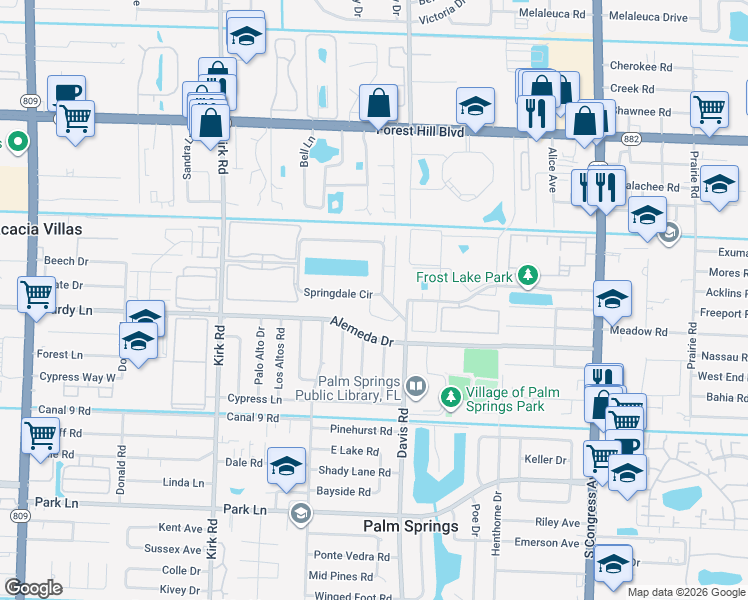 map of restaurants, bars, coffee shops, grocery stores, and more near 931 Springdale Circle in Palm Springs