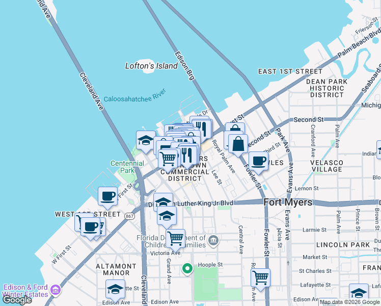 map of restaurants, bars, coffee shops, grocery stores, and more near 1520 Jackson Street in Fort Myers